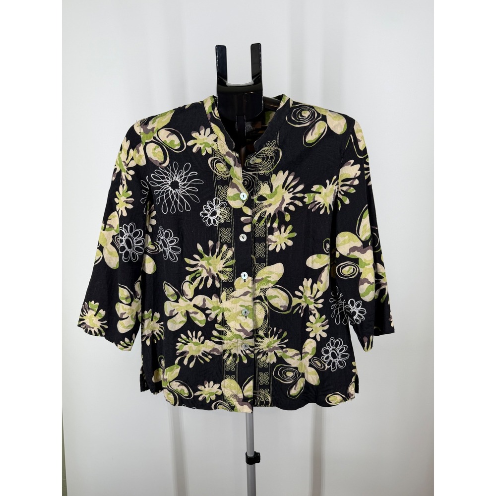 Erin by Erin London Linen Blend Floral‎ Print Button Front Shirt Black Green M